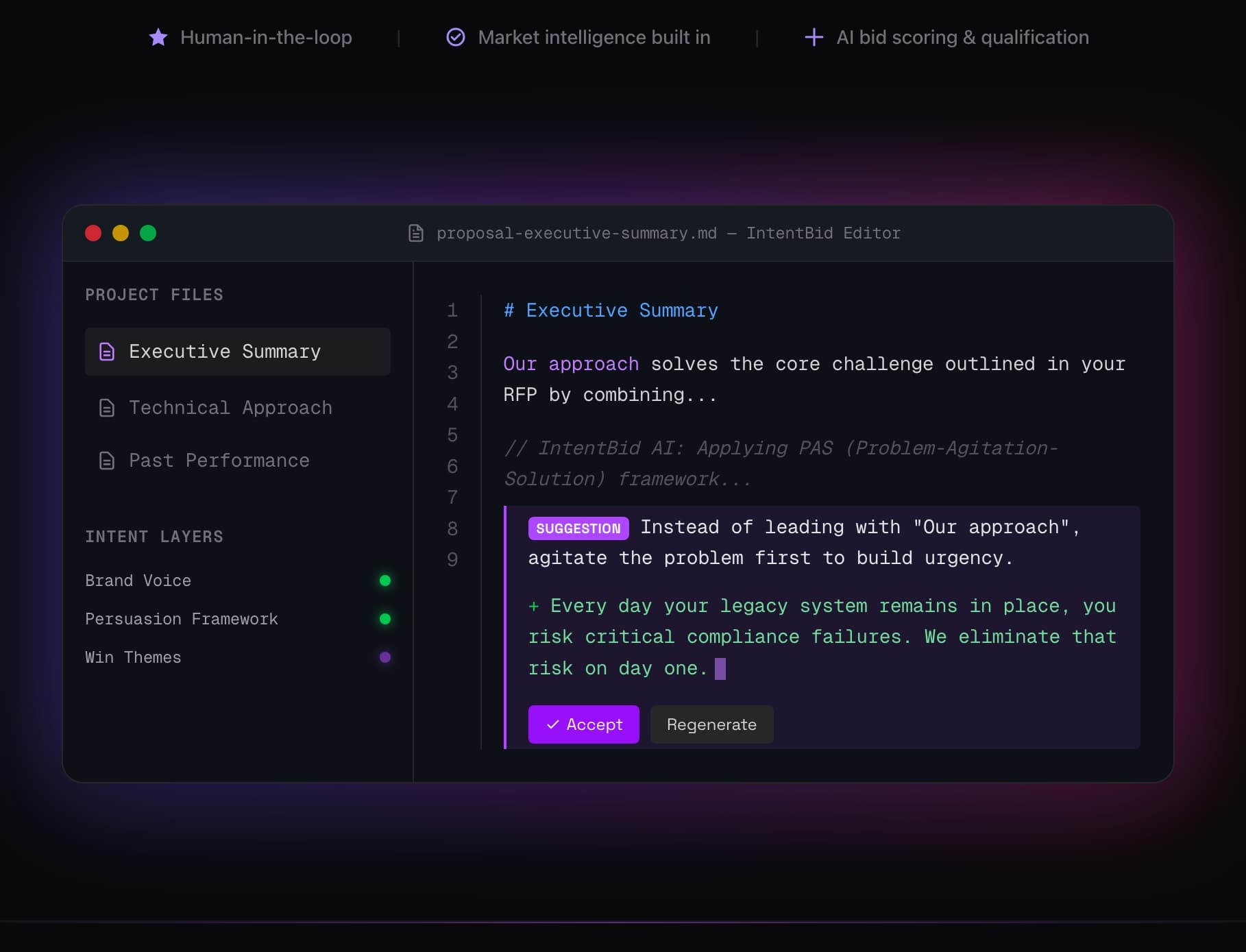 IntentBid proposal editor showing an evidence-backed draft workspace