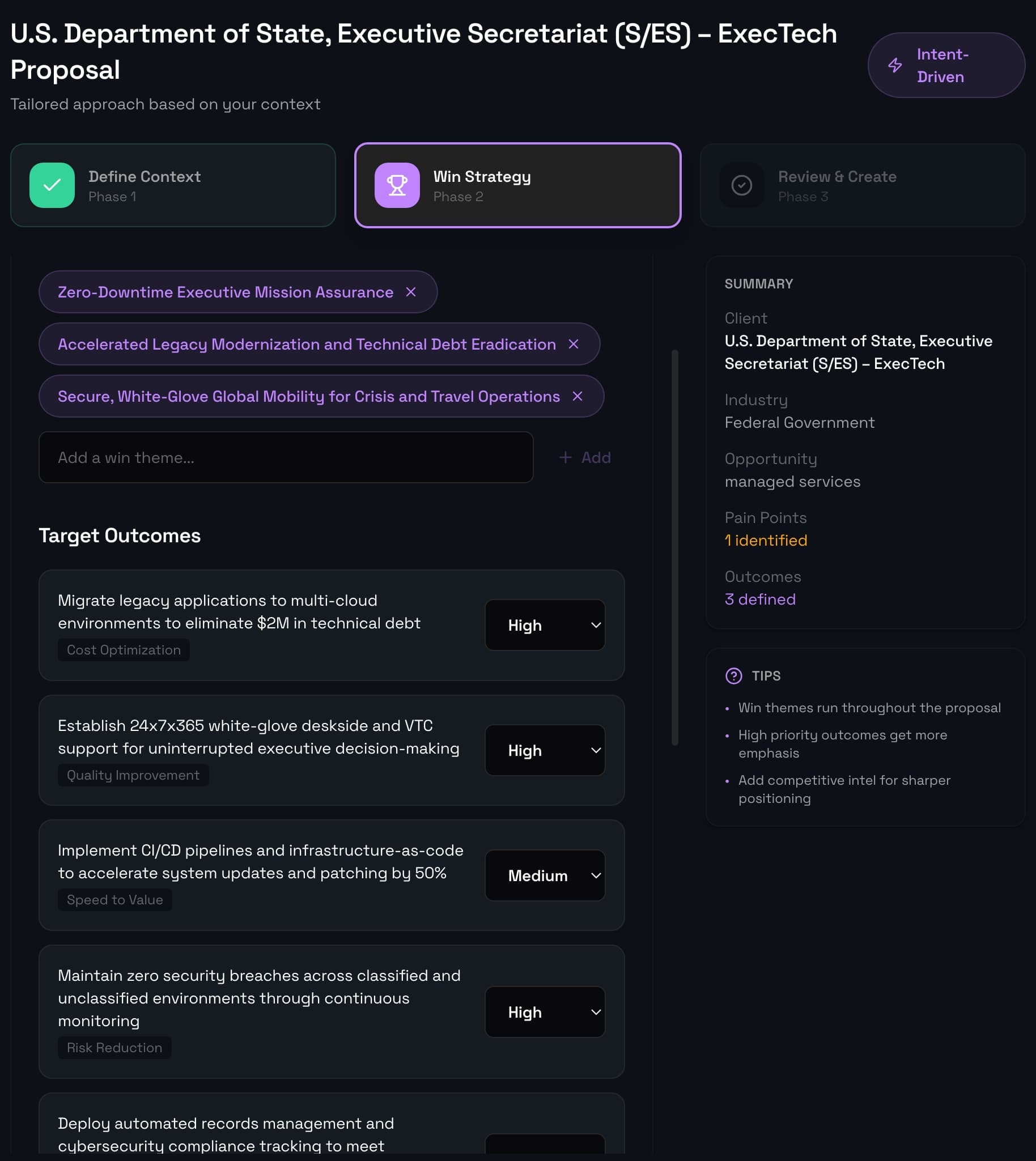 IntentBid win strategy screen with win themes and prioritized outcomes