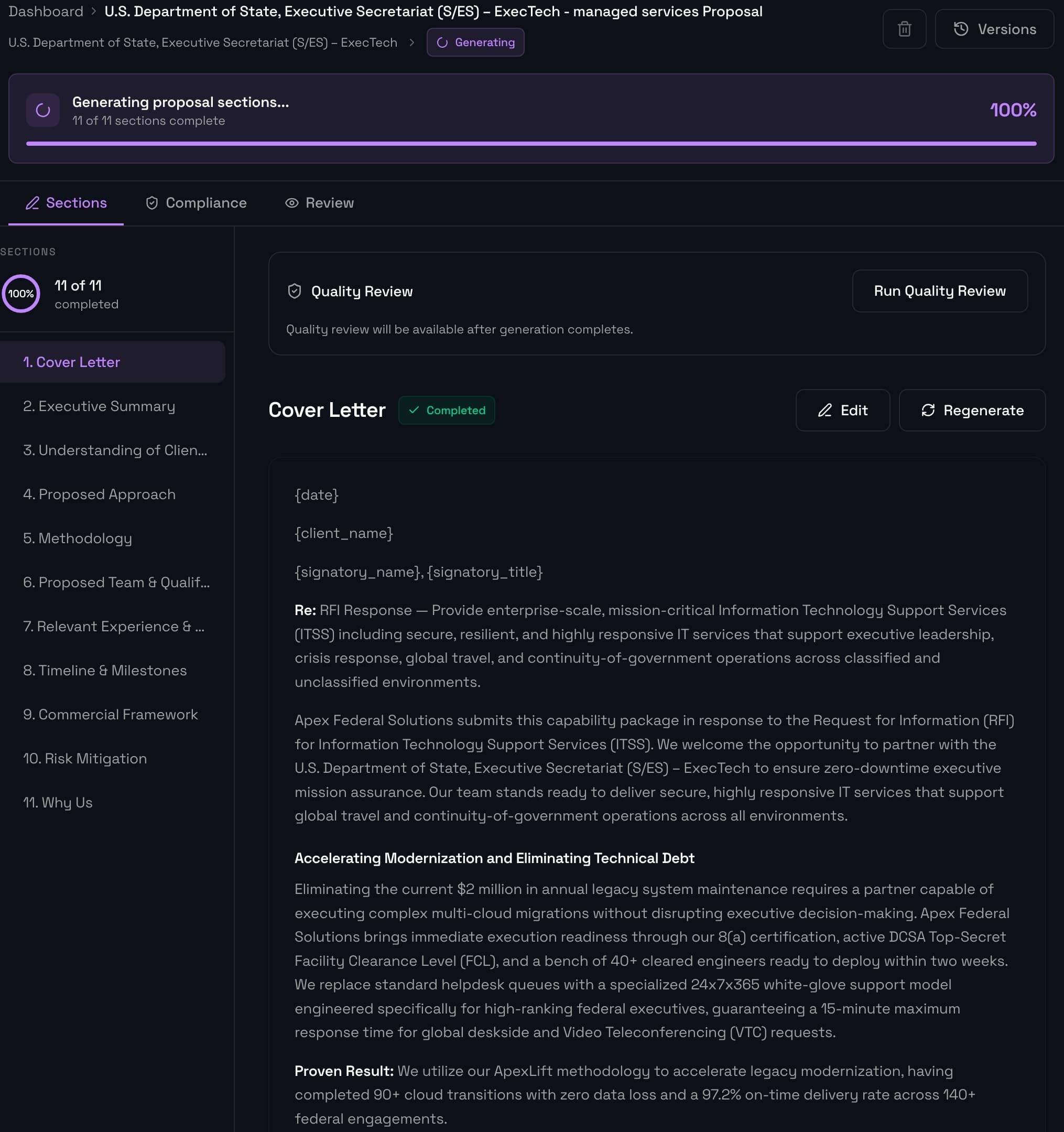 IntentBid proposal workspace showing a structured draft ready for review